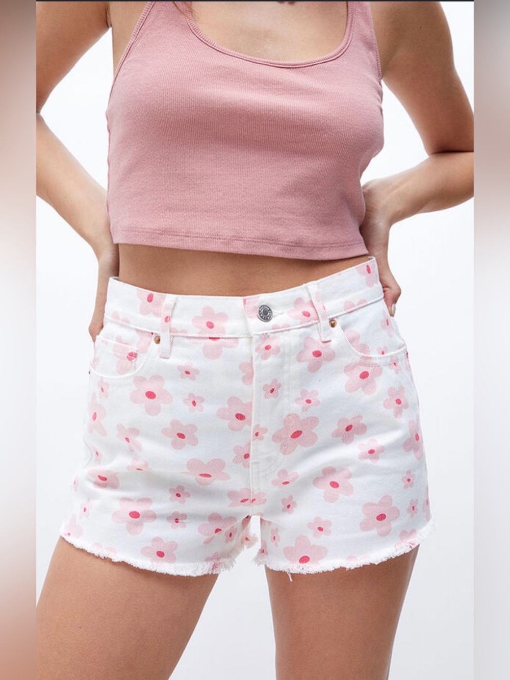 PacSun White Denim Shorts with Pink Floral Print
